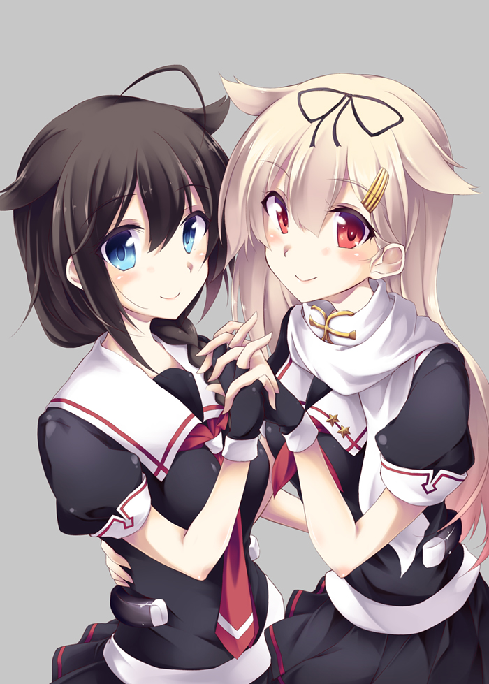 amano_chiharu black_gloves black_hair blonde_hair blue_eyes blush braid fingerless_gloves gloves hair_ornament hair_ribbon hairclip holding_hands interlocked_fingers kantai_collection long_hair looking_at_viewer multiple_girls personification red_eyes ribbon school_uniform serafuku shigure_(kantai_collection) short_sleeves single_braid skirt smile yuudachi_(kantai_collection)