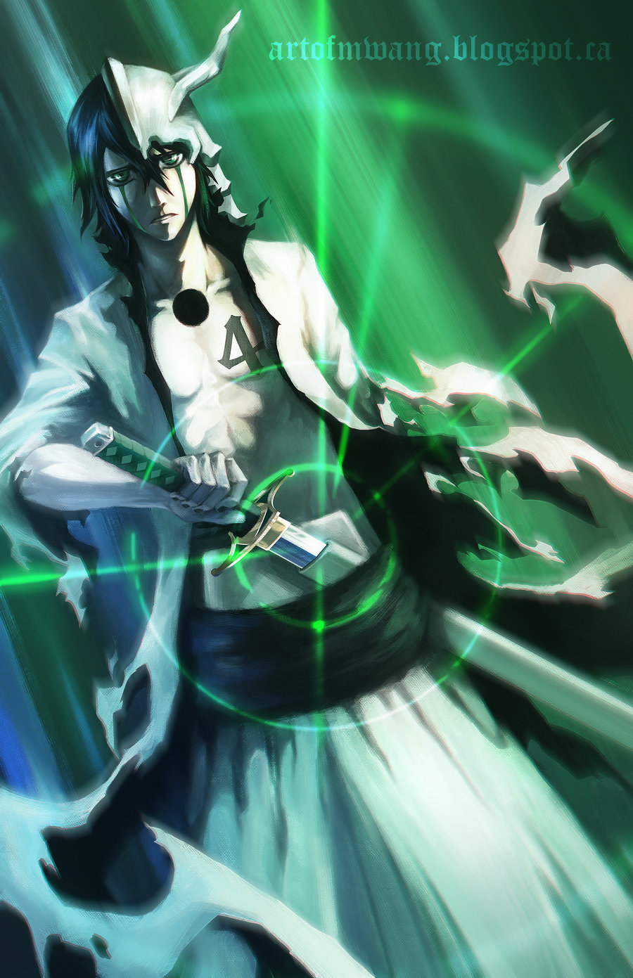 1boy arrancar black_hair black_nails bleach espada facial_mark green green_eyes highres hole_on_body horn katana lens_flare male mikael_wang open_clothes open_coat pale_skin sash sheath skull solo sword tattoo torn_clothes torn_coat ulquiorra_cifer unsheathing watermark weapon web_address