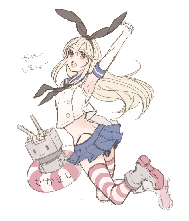 1girl armpits blonde_hair boots brown_eyes clenched_hand elbow_gloves gloves hair_ribbon hairband highleg highleg_panties innertube kantai_collection long_hair midriff panties personification red_legwear rensouhou-chan ribbon rough shimakaze_(kantai_collection) small_breasts soa solo striped striped_legwear thighhighs translation_request underwear