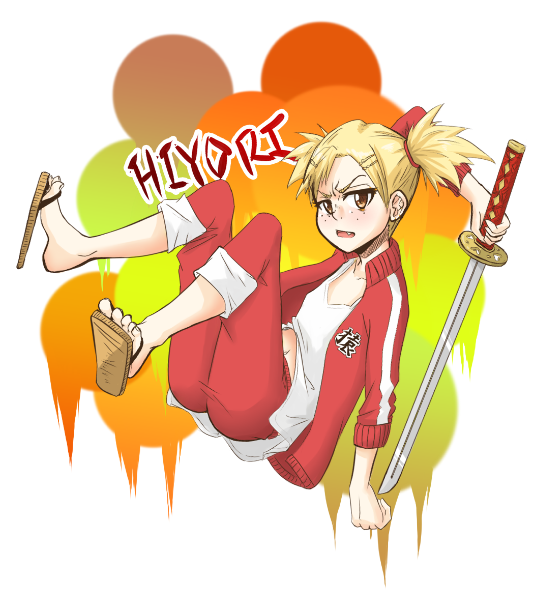 1girl bleach blonde_hair character_name fang flat_chest freckles hair_ornament hairclip kamakachow katana orange_eyes pants_rolled_up sandals sarugaki_hiyori short_twintails solo sword toes track_suit twintails weapon