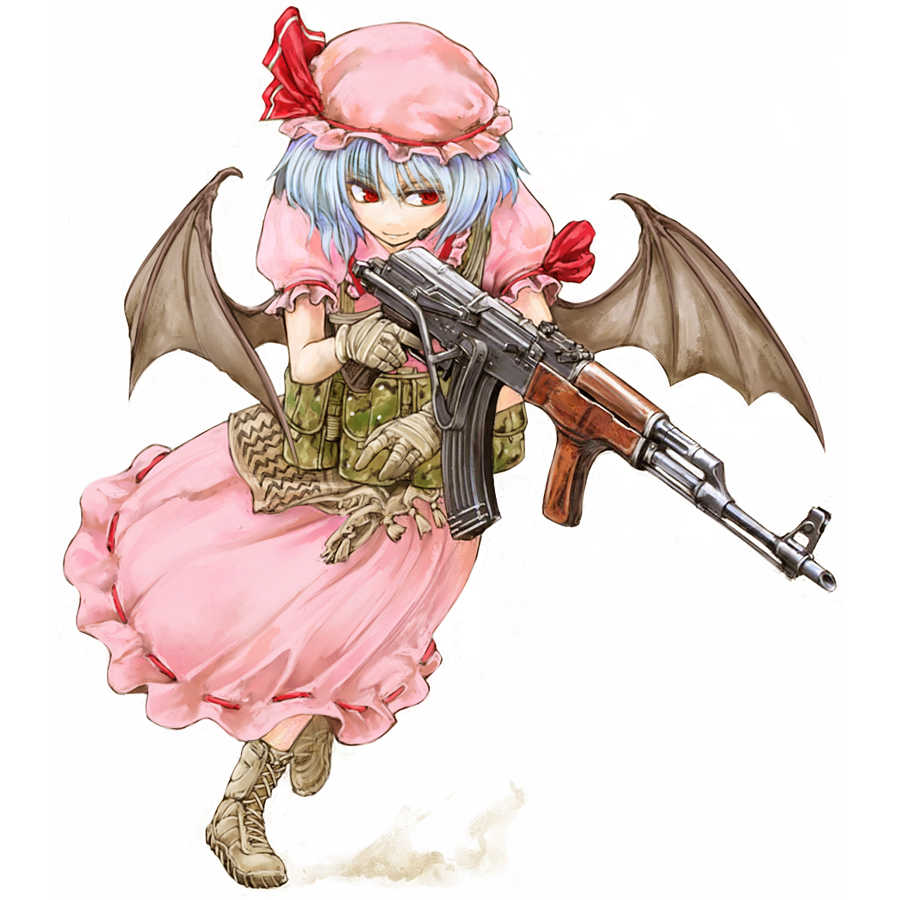 assault_rifle bat_wings cervus gun hat operator red_eyes remilia_scarlet rifle short_hair touhou weapon wings