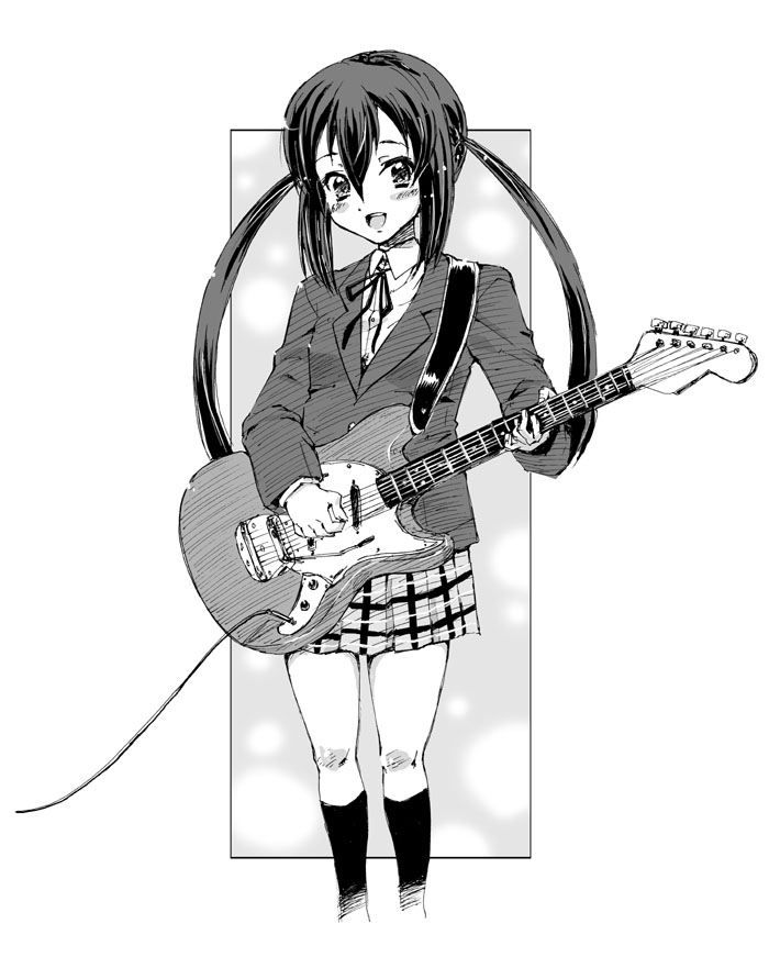 guitar instrument k-on! monochrome mustang(guitar) nakano_azusa school_uniform skirt solo twintails