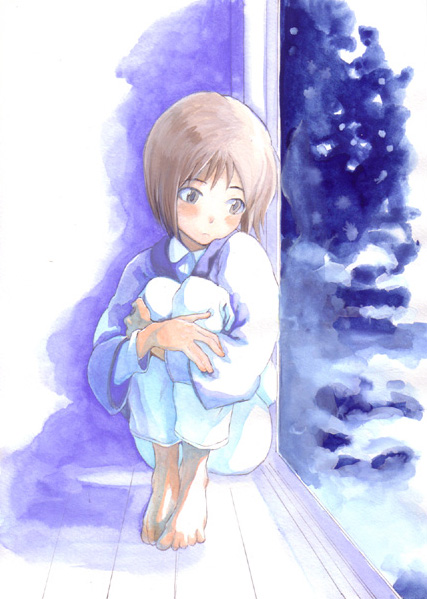 blush brown_eyes brown_hair feet hagiwara_yukiho hands idolmaster leg_hug pajamas short_hair sitting snow