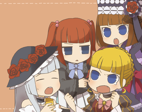 beatrice blonde_hair blue_eyes bow brown_hair chibi choker dress eva_beatrice fang flower frills hair_bobbles hair_ornament hat hime_cut lowres orange_hair plus-minus red_hair redhead rose silver_hair skirt sweatdrop teardrop umineko_no_naku_koro_ni ushiromiya_ange virgilia