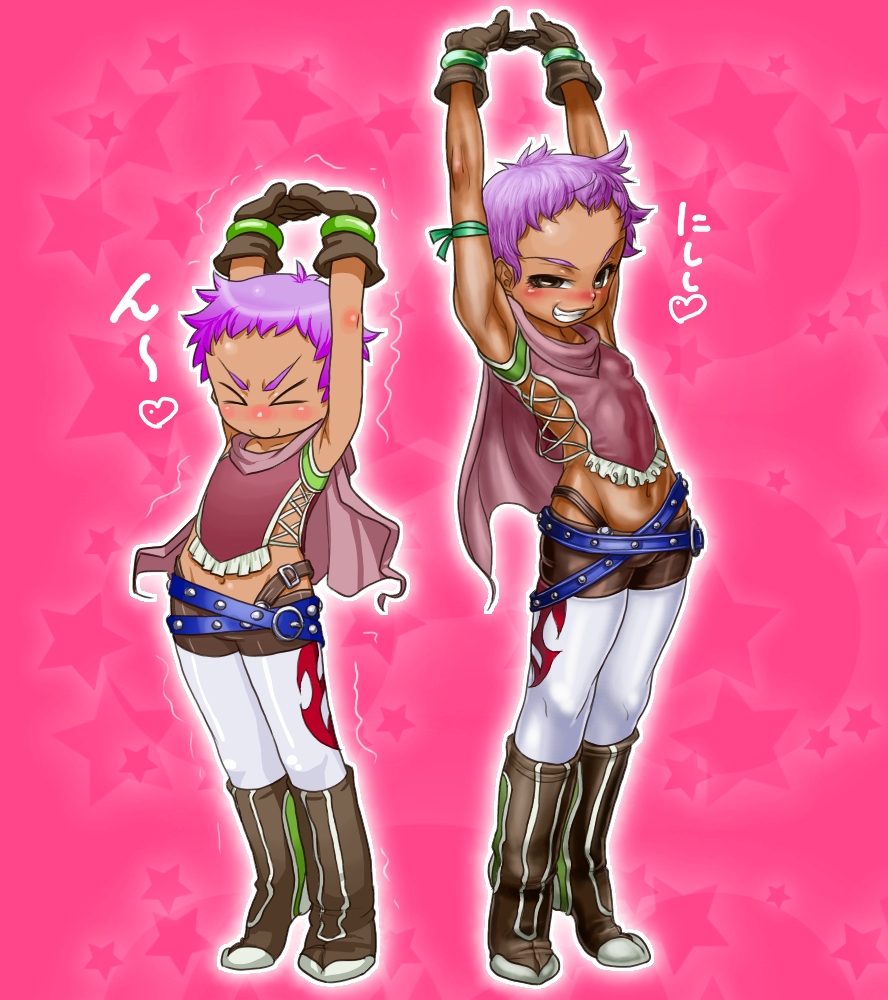 armpits belt boots boro brown_eyes dark_skin dual_persona evil_grin evil_smile flat_chest flex gloves grin heart hermana_larmo loli midriff navel pink_background pink_hair smile star starry_background stretch tales_of_(series) tales_of_innocence translation_request
