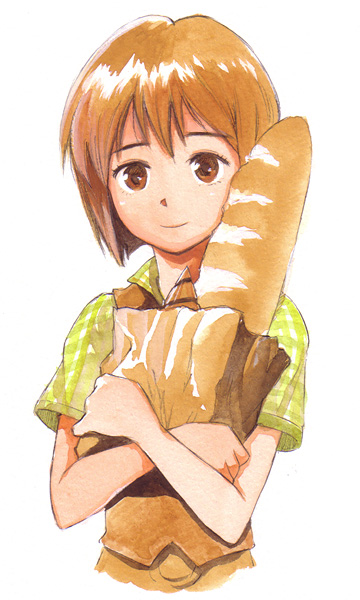 baguette bread brown_eyes brown_hair drill food hagiwara_yukiho hirokazu idolmaster smile striped vest