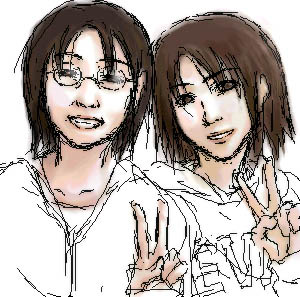 2girls bad_end brown_eyes brown_hair glasses hooded_jacket nevada-tan simple_background v