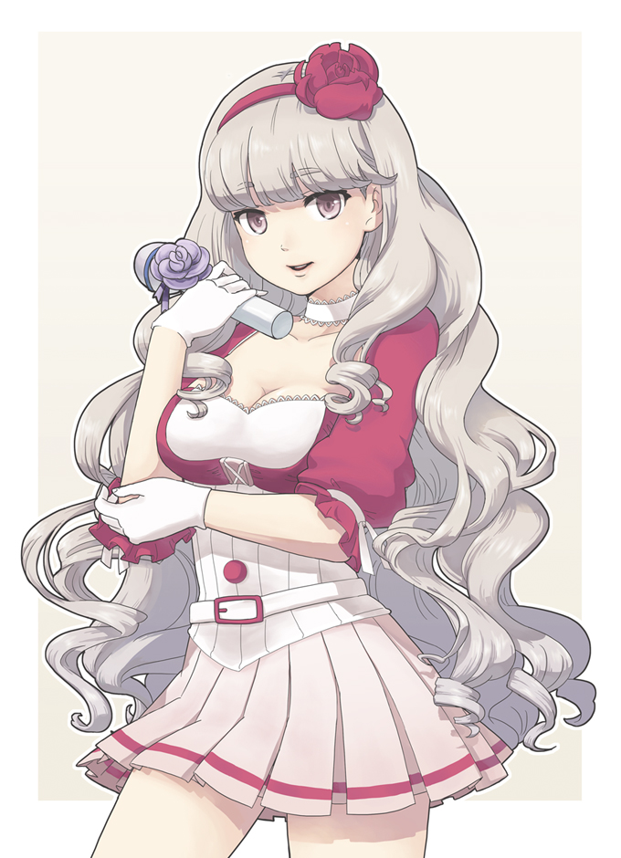 choker cleavage gloves grey_hair hairband idolmaster large_breasts long_hair microphone occhan_(artist) pleated_skirt shijou_takane skirt solo white_gloves