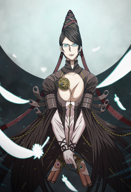 bayonetta bayonetta_(character) beauty_mark black_hair blue_eyes bodysuit cleavage cleavage_cutout earrings feathers fuji_autumn glasses gun hair_bun long_hair mole red_ribbon ribbon very_long_hair