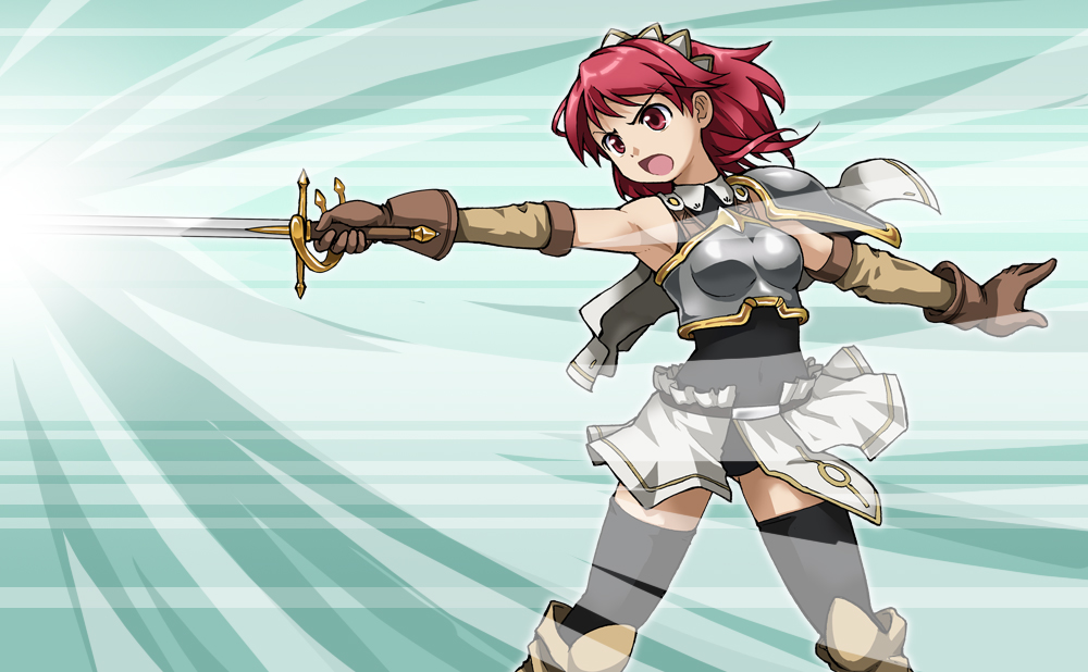 armor bad_id cecily_cambell cecily_campbell elbow_gloves gloves leotard red_eyes red_hair redhead rohitsuka seiken_no_blacksmith sword thigh-highs thighhighs weapon