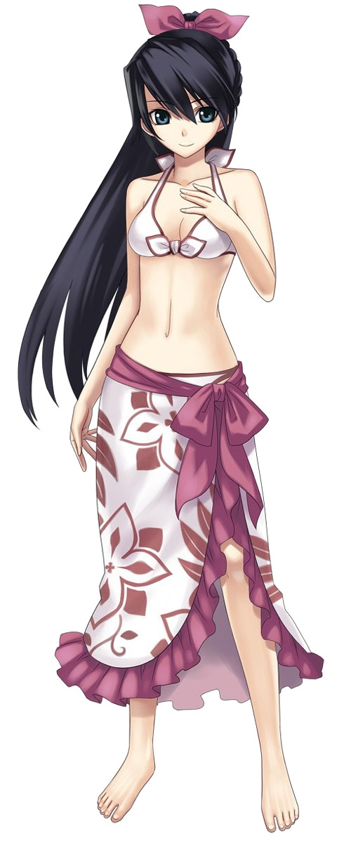 ar_tonelico ar_tonelico_i barefoot bikini black_hair bow breasts cleavage cross_edge feet front-tie_top green_eyes gust hair_bow hands highres long_hair misha_arsellec_lune official_art sarong solo swimsuit
