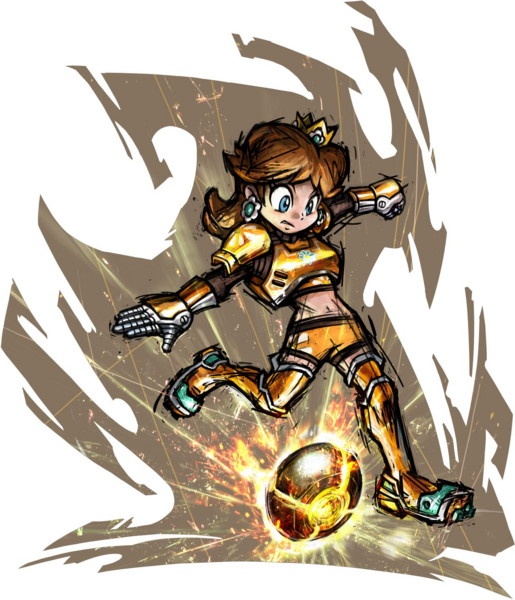 armor ball blue_eyes brown_hair crown earring mario_strikers:_charged midriff nintendo princess_daisy