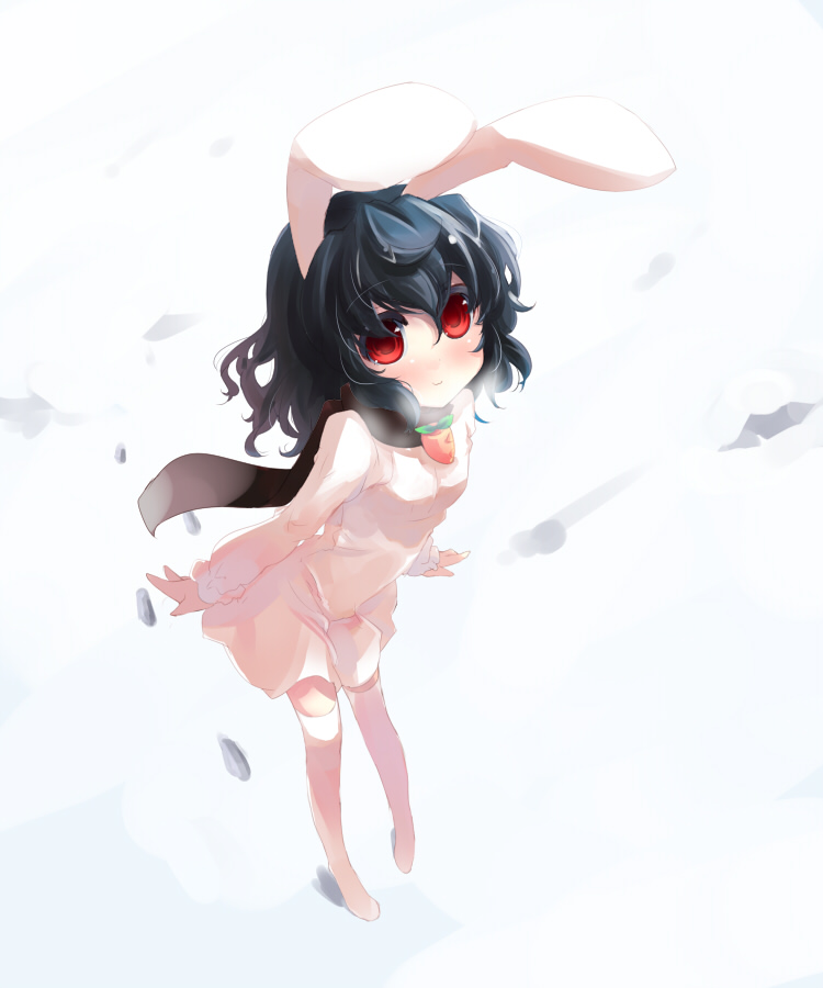 1girl animal_ears barefoot black_hair blush bunny_ears inaba_tewi rabbit_ears red_eyes scarf shin_(new) short_hair smile snow solo thighhighs touhou