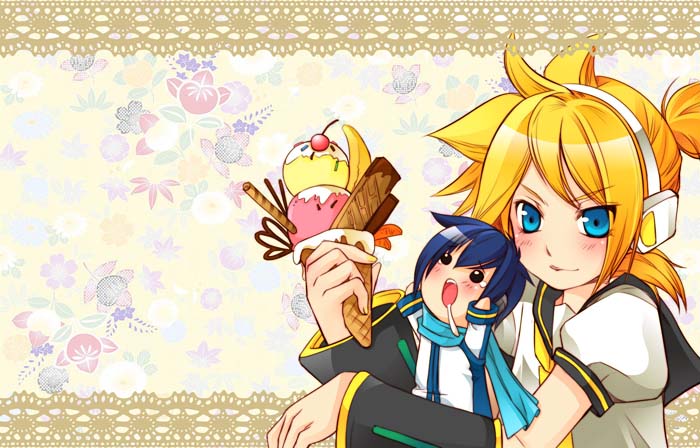 blonde_hair blue_hair blush chibi food headset ice_cream kagamine_len kaito saliva saya_kohiji_mame scarf teardrop vocaloid