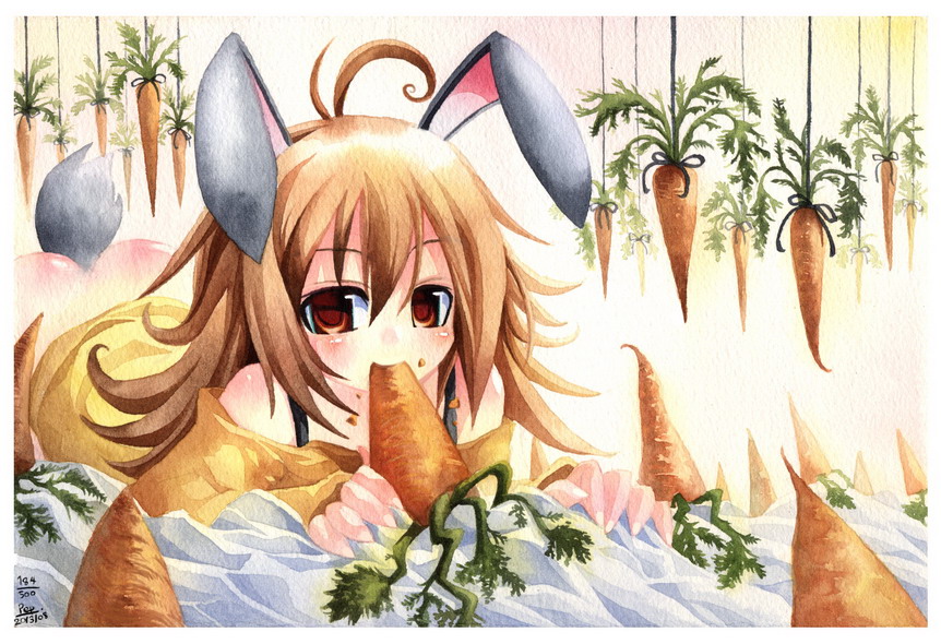 animal_ears ass blush brown_eyes brown_hair bunny_ears bunny_tail carrot eating emperpep rabbit_ears solo tail traditional_media watercolor_(medium)