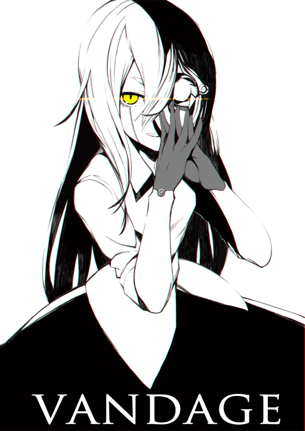 1girl artificial_eyes chromatic_aberration cyborg dress_shirt english fingers_together hair_between_eyes long_hair looking_at_viewer monochrome original shirt short_sleeves simple_background slit_pupil smile solo spot_color tmt very_long_hair white_background white_hair yellow_eyes