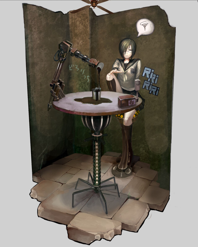 1girl cafe ceiling_fan coffee eyepatch graffiti grey_background hair_over_one_eye isometric kneehighs loafers original outstretched_arm overflow pouring puddle robotic_arm school_uniform serafuku shoes short_hair simple_background skirt solo spoken_squiggle squiggle stool table tmt wall