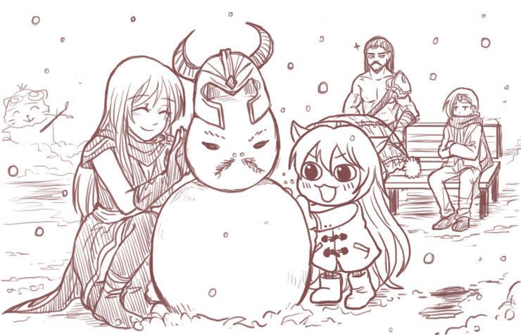 ^_^ alternate_costume animal_ears armor ashe_(league_of_legends) bench blush boots cape closed_eyes clothes green_dew helmet kneeling league_of_legends long_hair lulu_(league_of_legends) monochrome scarf sitting smile snow snowing snowman teemo thigh-highs tryndamere varus white_hair winter_clothes yordle