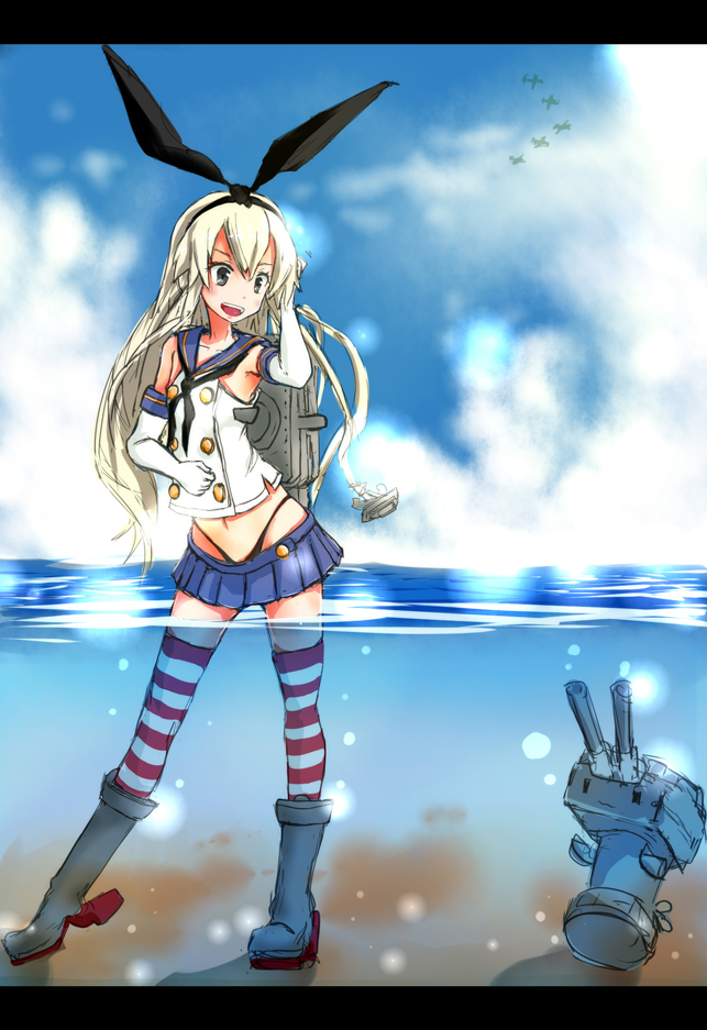 1girl anchor black_panties blonde_hair elbow_gloves gloves hair_ornament kantai_collection keijunyoukan_agano long_hair panties partially_submerged personification rensouhou-chan shimakaze_(kantai_collection) skirt solo striped striped_legwear thighhighs underwear white_gloves