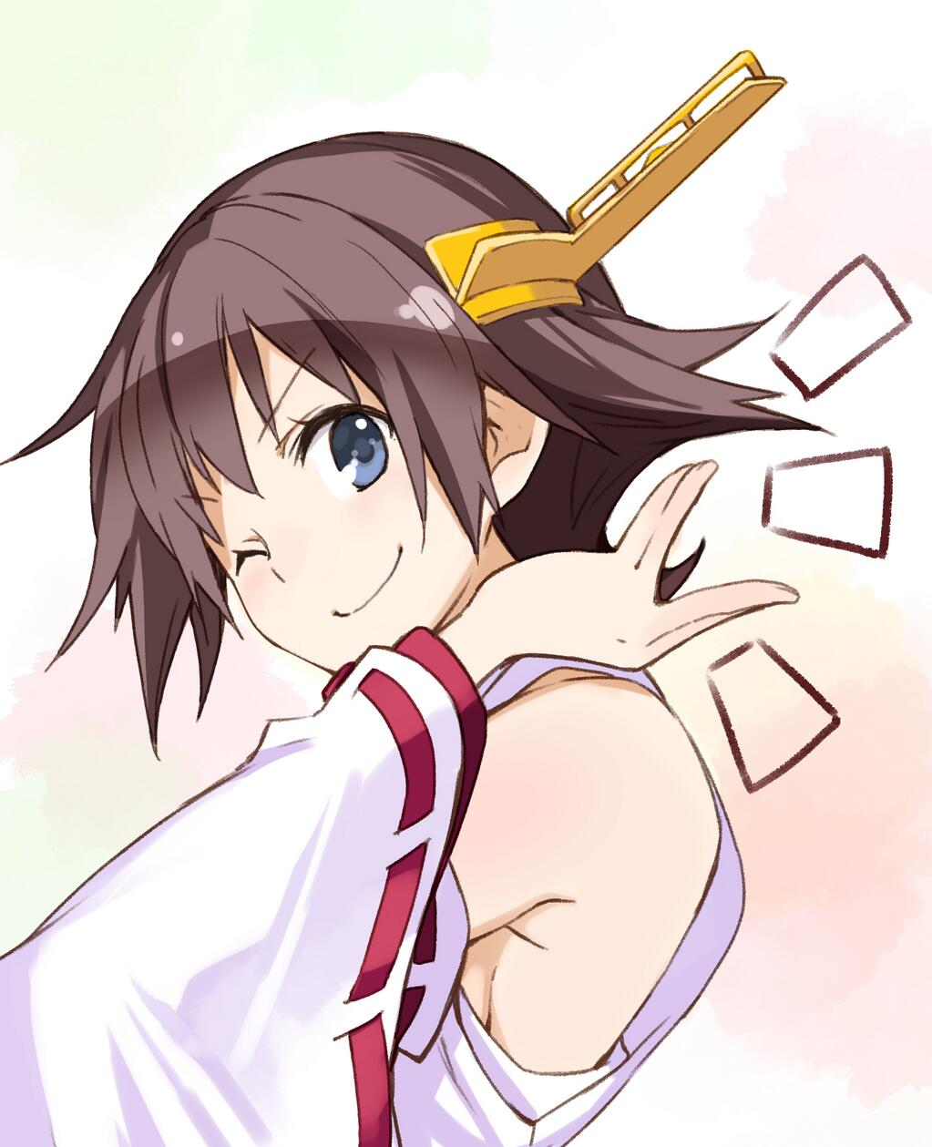 1girl bare_shoulders blue_eyes breasts brown_hair bust detached_sleeves hand_on_neck hiei_(kantai_collection) highres japanese_clothes kantai_collection no_bra nontraditional_miko personification short_hair sideboob smile solo ushiki_yoshitaka wink