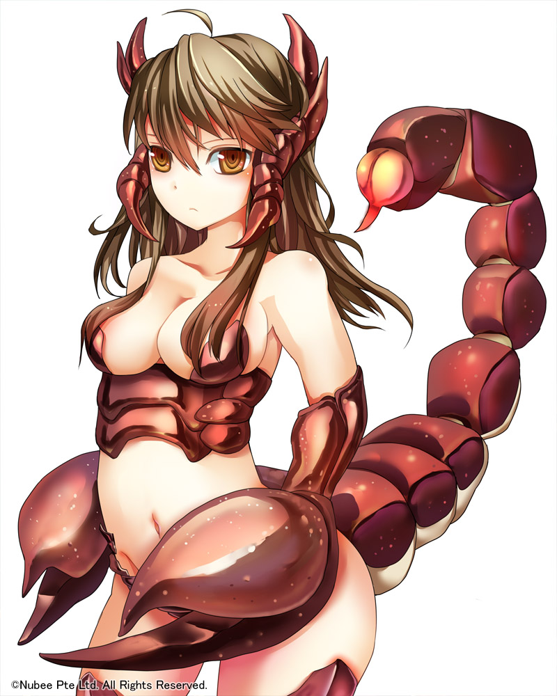 1girl bare_shoulders breasts brown_eyes brown_hair claws cleavage long_hair midriff monster_girl original scorpion scorpion_tail solo suoni_(deeperocean) tail