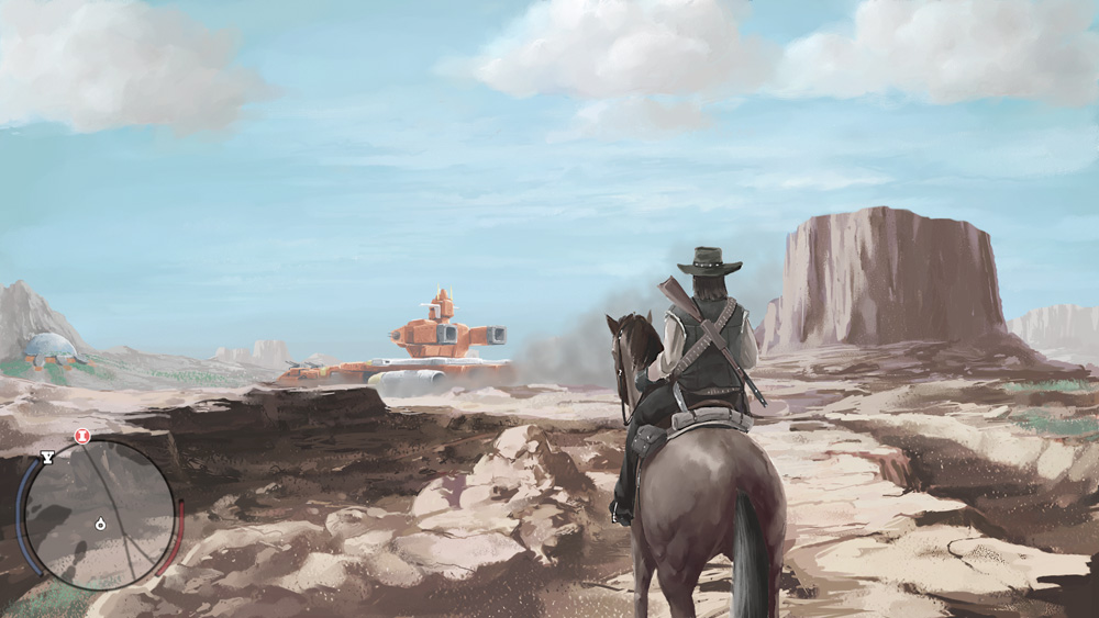 city cowboy crossover desert dome dust gun hat horse iron_gear john_marston kow_(k.) landship mecha radar red_dead_redemption rifle science_fiction sentou_mecha_xabungle video_game weapon western