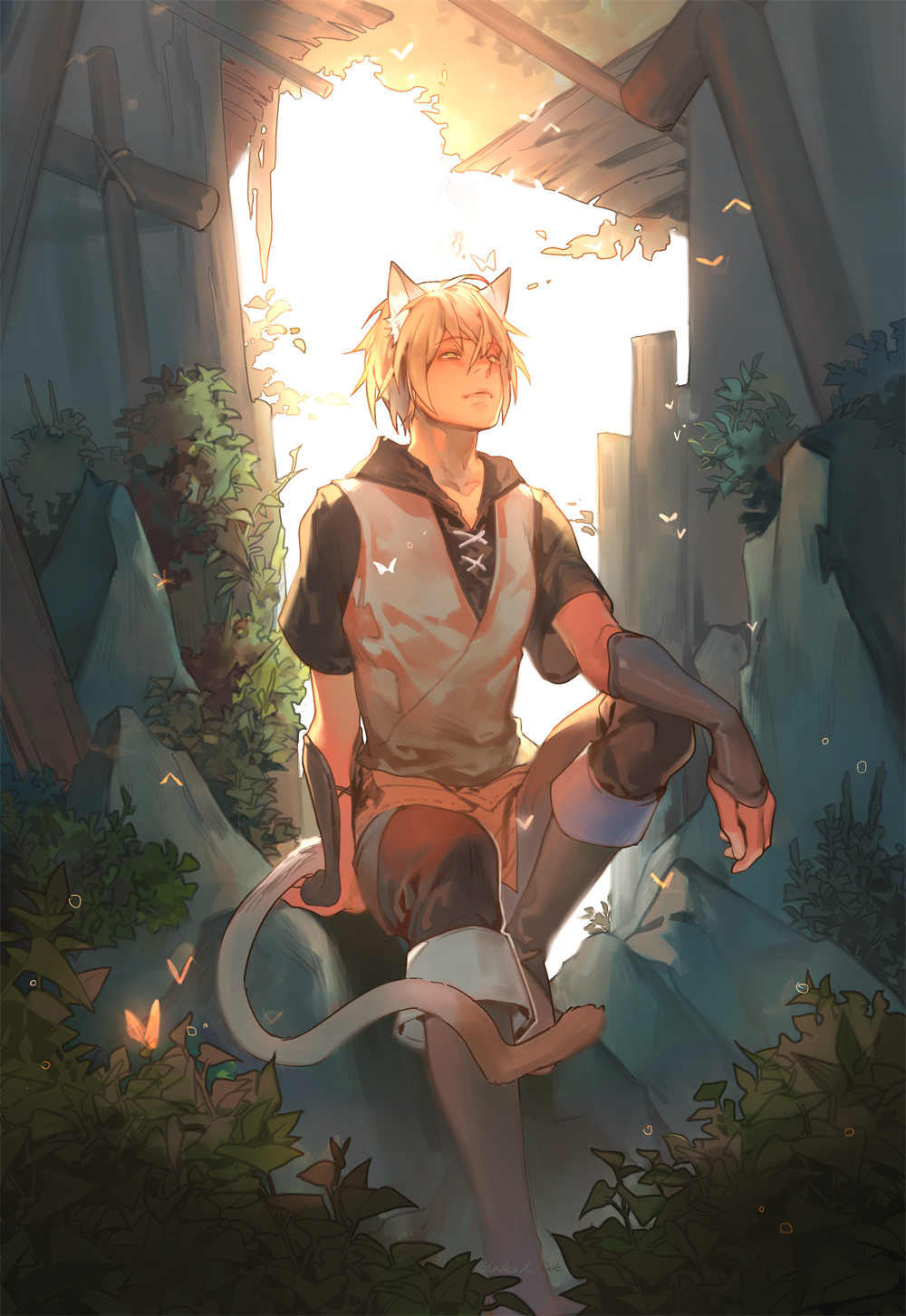 1boy blonde_hair butterfly cat_tail highres naked_cat original short_hair sitting smile solo tail yellow_eyes