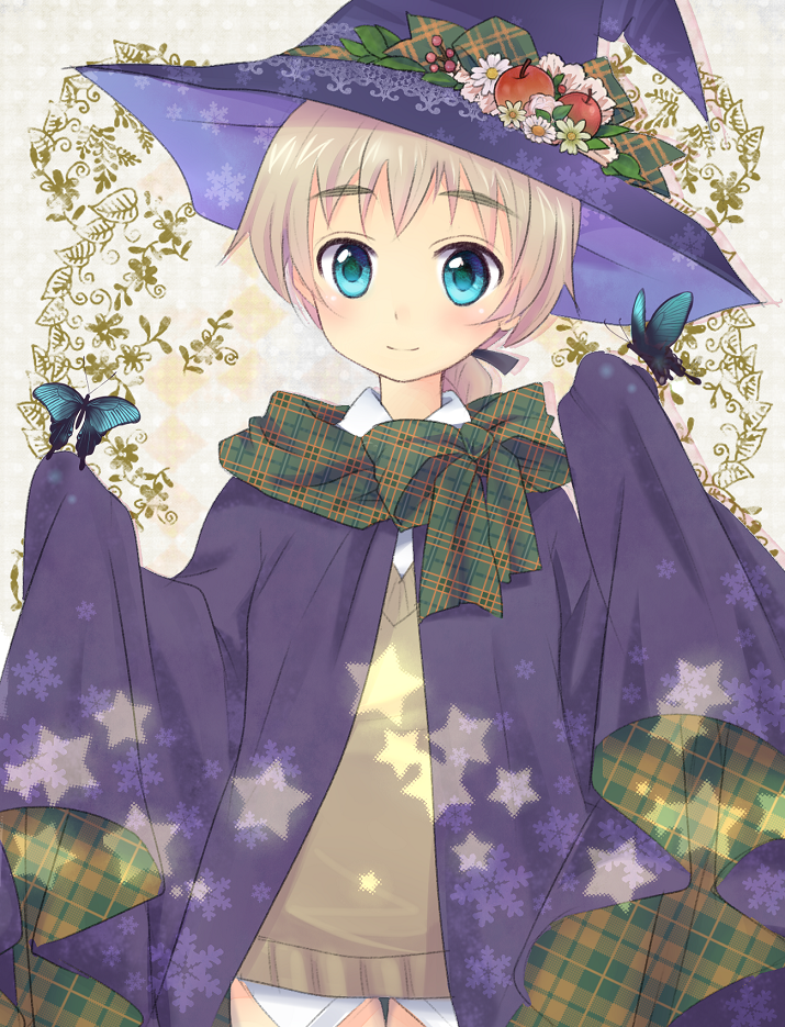1girl apple blonde_hair bow butterfly cape eyebrows flower food fruit green_eyes hair_ribbon hat leaf looking_at_viewer lynette_bishop portrait ribbon smile solo star strike_witches vest witch_hat yuni_(artist)