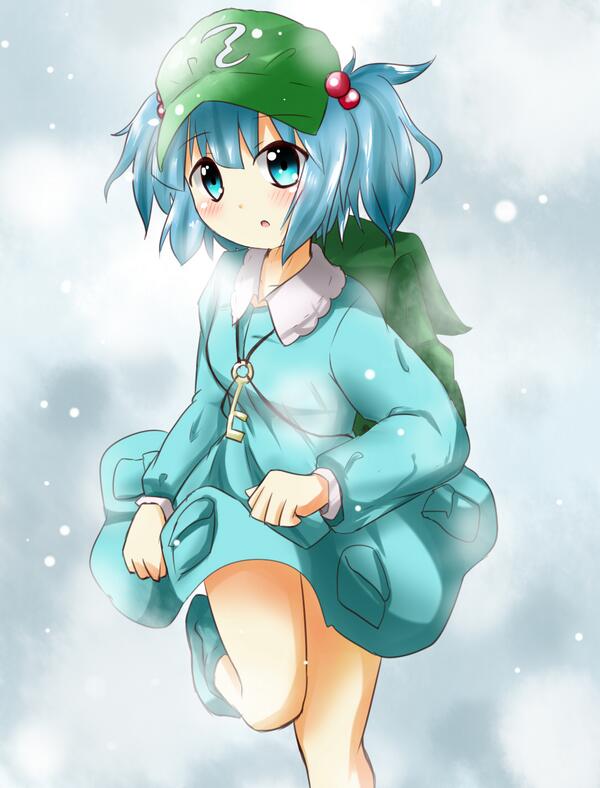 1girl backpack bag blue_eyes blue_hair blush boots dress hair_bobbles hair_ornament hat kawashiro_nitori key long_sleeves looking_at_viewer maikuro one_leg_raised open_mouth pocket rubber_boots shirt short_hair short_twintails skirt skirt_set skirt_up snow snowing solo touhou twintails