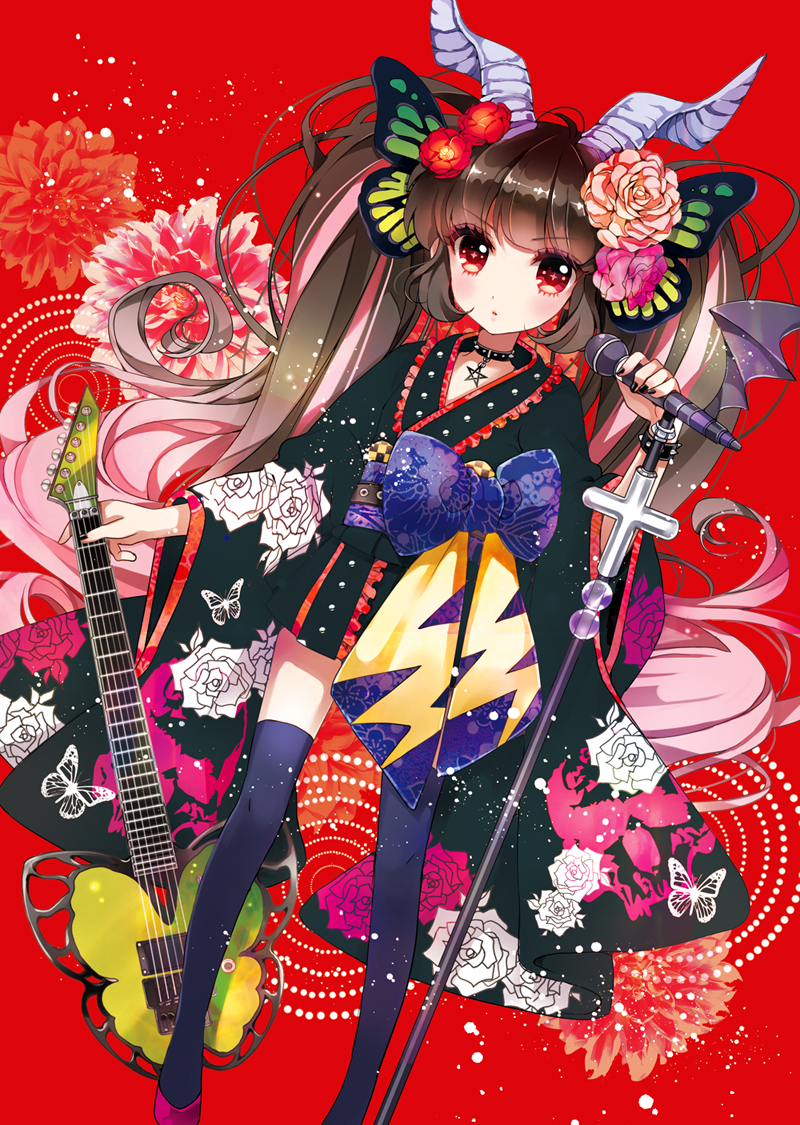 1girl bow brown_hair butterfly_wings collar dutch_angle flower guitar hair_flower hair_ornament head_wings horns instrument japanese_clothes kimono long_hair microphone microphone_stand multicolored_hair obi original pentagram pink_hair red_eyes ringonaki solo thighhighs twintails two-tone_hair very_long_hair wings zettai_ryouiki