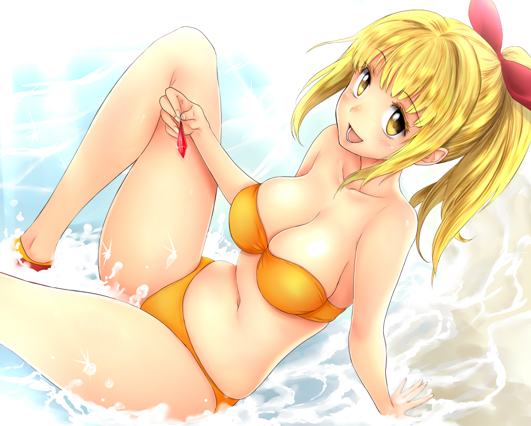 1girl bikini blonde_hair blush breasts chikado cleavage crystal hair_ribbon long_hair looking_at_viewer marin navel open_mouth orange_bikini ponytail ribbon smile solo swimsuit umi_monogatari water yellow_eyes