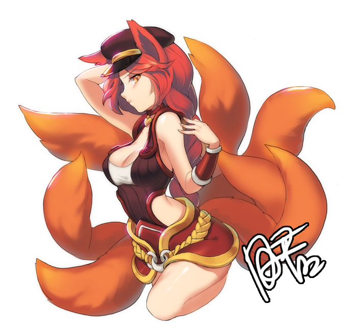 1girl ahri animal_ears bare_shoulders breasts cleavage dakun fox_ears fox_tail large_breasts league_of_legends long_hair multiple_tails redhead simple_background solo tail very_long_hair white_background