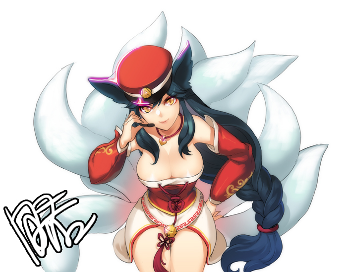1girl ahri black_hair breasts cleavage dakun hat headset large_breasts league_of_legends long_hair simple_background solo very_long_hair white_background