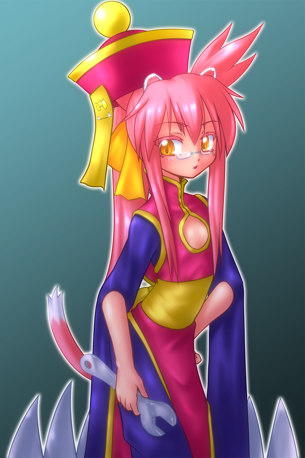 1girl animal_ears blazblue cameo cat_ears cat_tail chinese_clothes claw_(weapon) cleavage_cutout cosplay flat_chest glasses hair_ribbon hand_on_hip hat highres iron_tager kokonoe lei_lei lei_lei_(cosplay) long_hair momorifu ofuda payot pince-nez pink_hair pink_skin ponytail ribbon sash semi-rimless_glasses solo tail two_side_up under-rim_glasses vampire_(game) wrench yellow_eyes