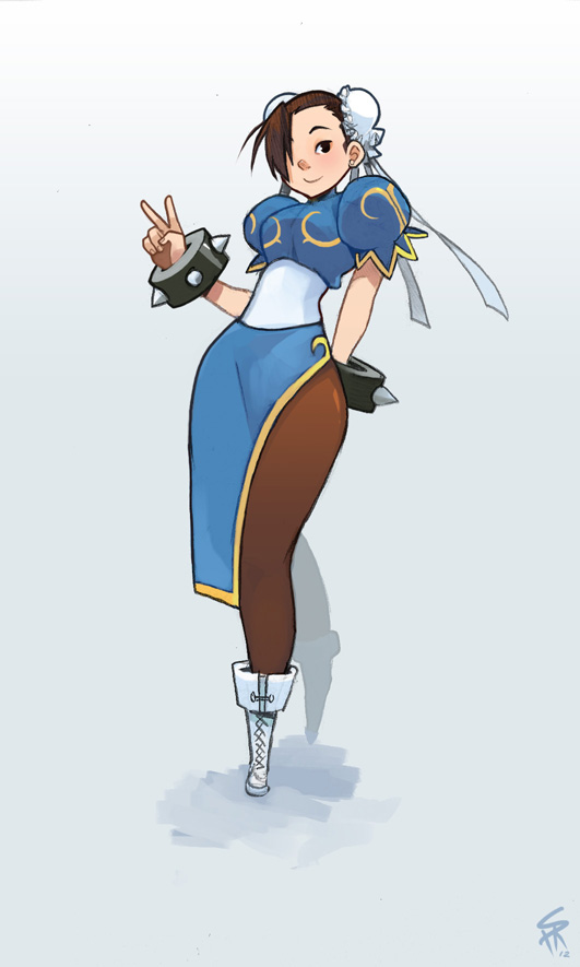 1girl boots bracelet brown_hair bun_cover china_dress chinese_clothes chun-li double_bun earrings hair_over_one_eye jewelry long_legs pantyhose sash shaun_healey short_hair simple_background solo spiked_bracelet spikes street_fighter v