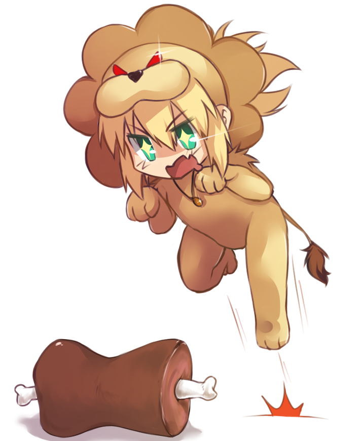 1girl animal_costume blonde_hair blush boned_meat chibi cosplay drooling fate/apocrypha fate/tiger_colosseum fate_(series) food green_eyes jewelry lion_costume meat necklace pouncing saber_lion saber_lion_(cosplay) saber_of_red solo tusia