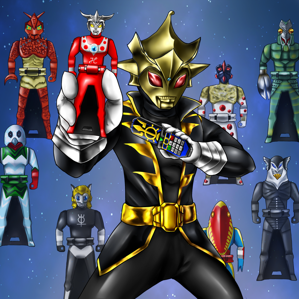 1boy bad_id bad_pixiv_id baltan_seijin comar_(komaaru) crossover figure gloves guts_seijin kaizoku_sentai_gokaiger magma_seijin male_focus mephilas_seijin metron_seijin nackle_seijin ranger_key red_eyes solo space super_sentai teeth ultra_series ultraman_leo ultraman_leo_(series) ultraman_tarou_(series) valkie_seijin yapool