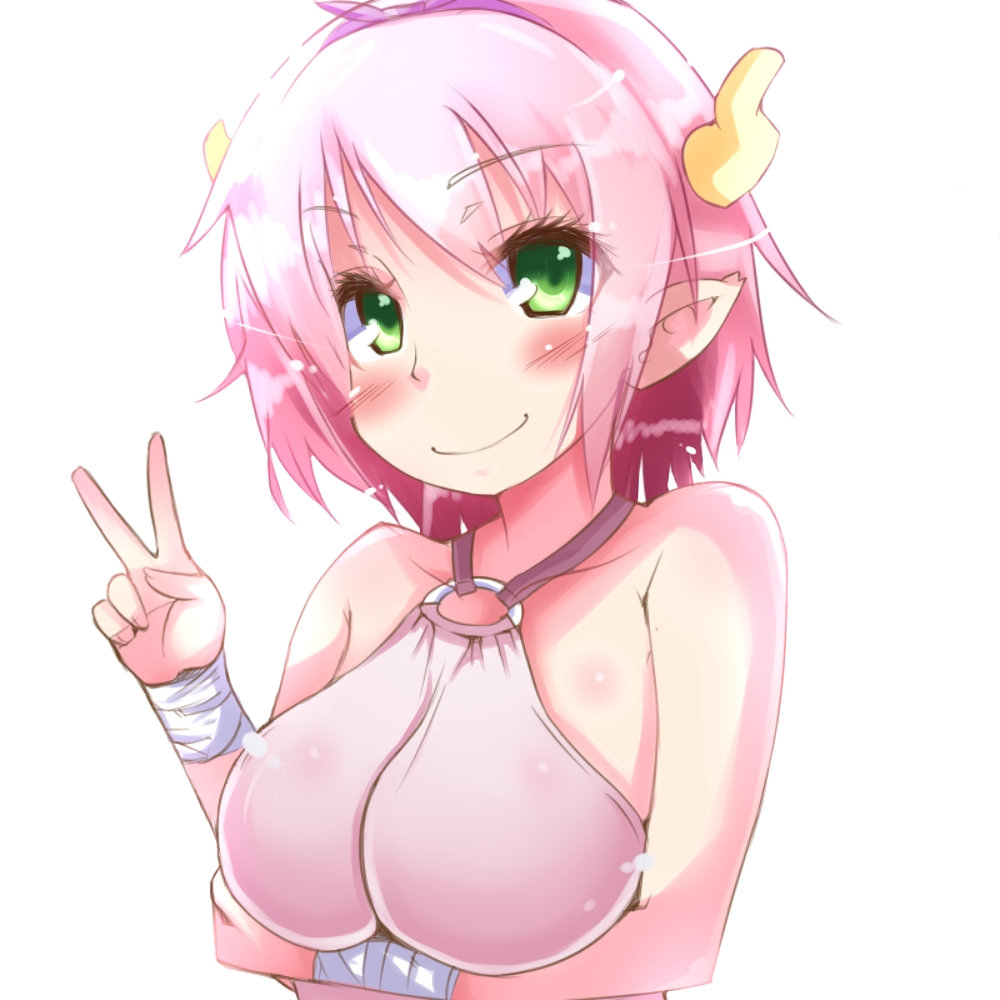 1girl bare_shoulders breast_hold breasts cow_horns elfleda_mirjasdottir green_eyes horns hua large_breasts looking_at_viewer lotte_no_omocha! o-ring_top pink_hair pointy_ears short_hair simple_background smile solo v white_background wrist_wraps