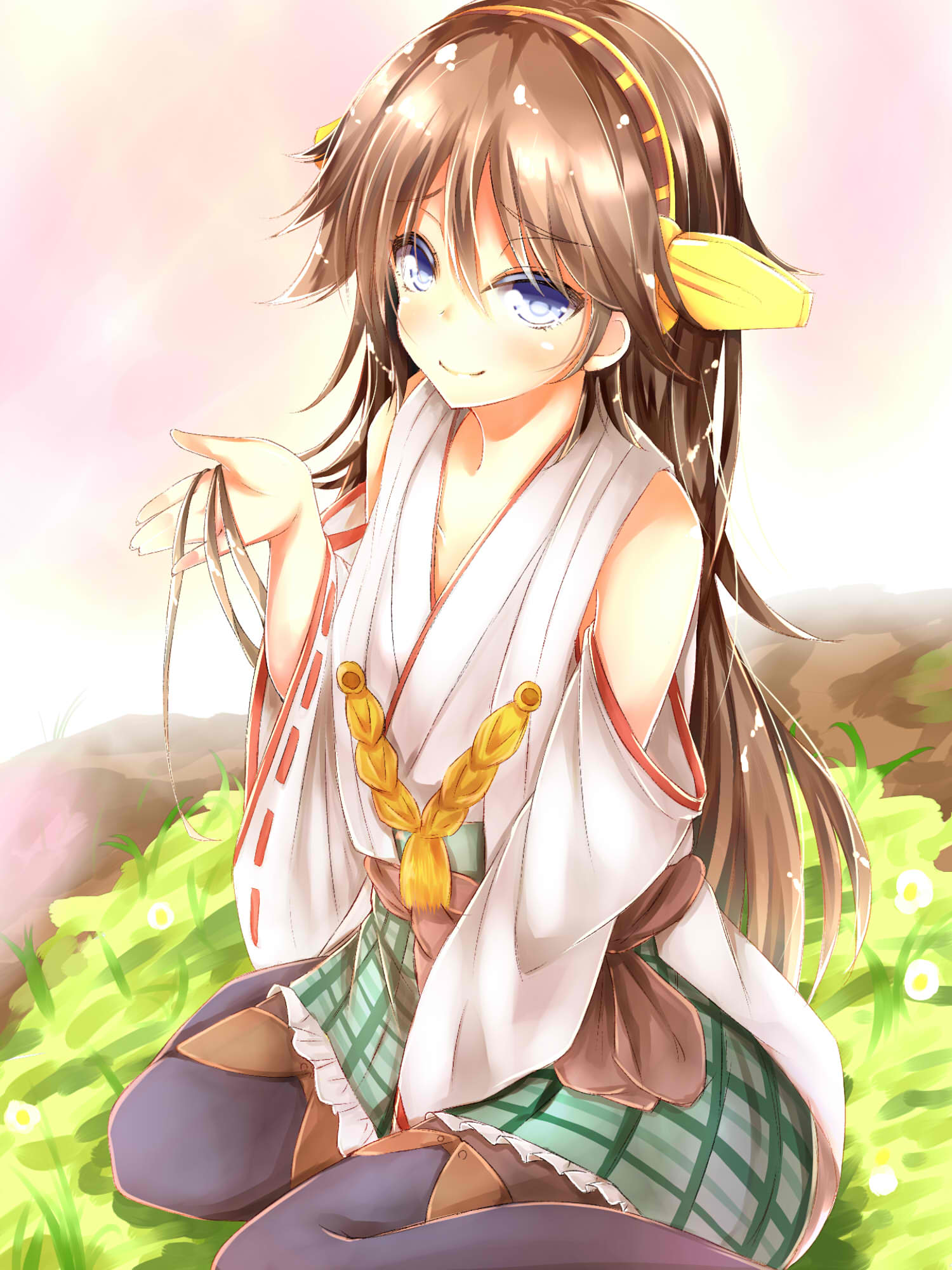 1girl alternate_hairstyle blue_eyes brown_hair detached_sleeves hairband haruna_(kantai_collection) headgear highres hiiragi_yashiro japanese_clothes kantai_collection long_hair looking_at_viewer nontraditional_miko personification skirt smile solo thighhighs