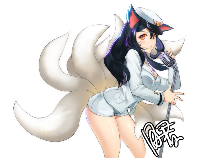 1girl ahri animal_ears black_hair breasts cleavage dakun fox_ears fox_tail hat large_breasts league_of_legends long_hair microphone multiple_tails simple_background solo tail very_long_hair white_background