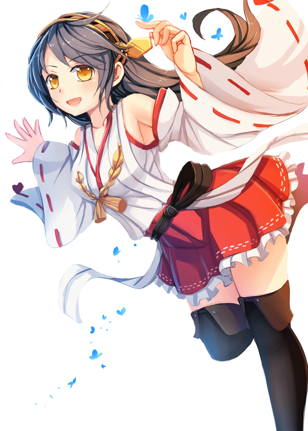 1girl bare_shoulders black_hair black_legwear brown_eyes detached_sleeves hairband haruna_(kantai_collection) highres japanese_clothes kantai_collection long_hair looking_at_viewer open_mouth personification sekigan skirt smile solo thighhighs