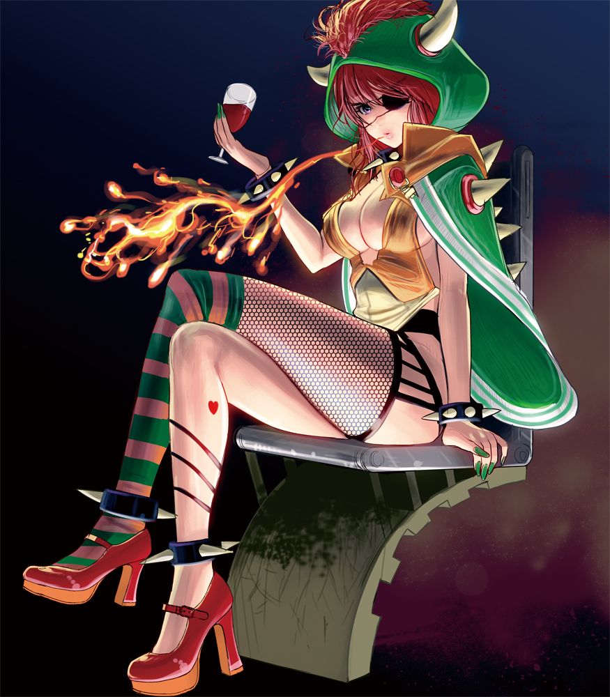 1girl alcohol bowser breasts cleavage crossed_legs cup eyepatch fishnets flame genderswap high_heels hood horns masao nail_polish open_mouth personification redhead short_hair single_thighhigh sitting solo spike striped striped_legwear super_mario_bros. thighhighs violet_eyes wine wine_glass
