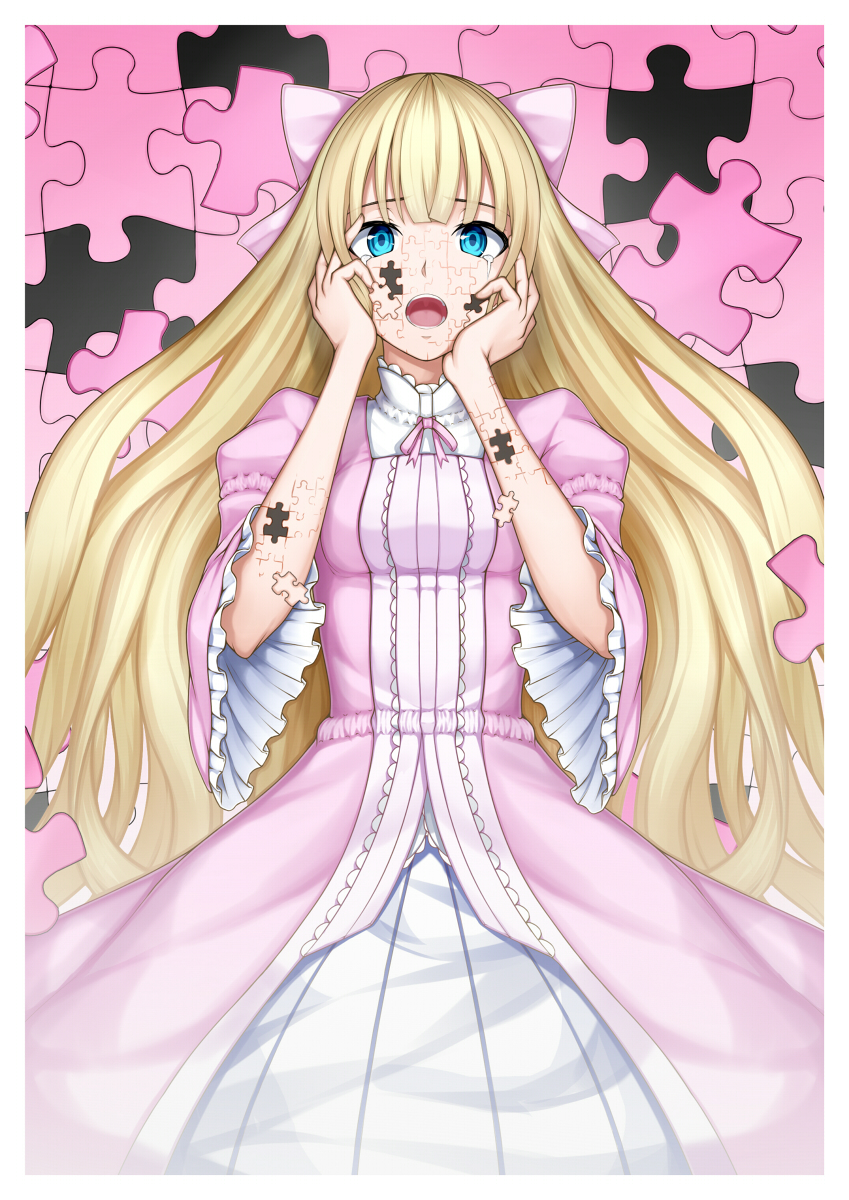 blonde_hair blue_eyes bow dress hair_bow hands_on_own_cheeks hands_on_own_face heisei_yutorin highres long_hair open_mouth original puzzle_piece tears
