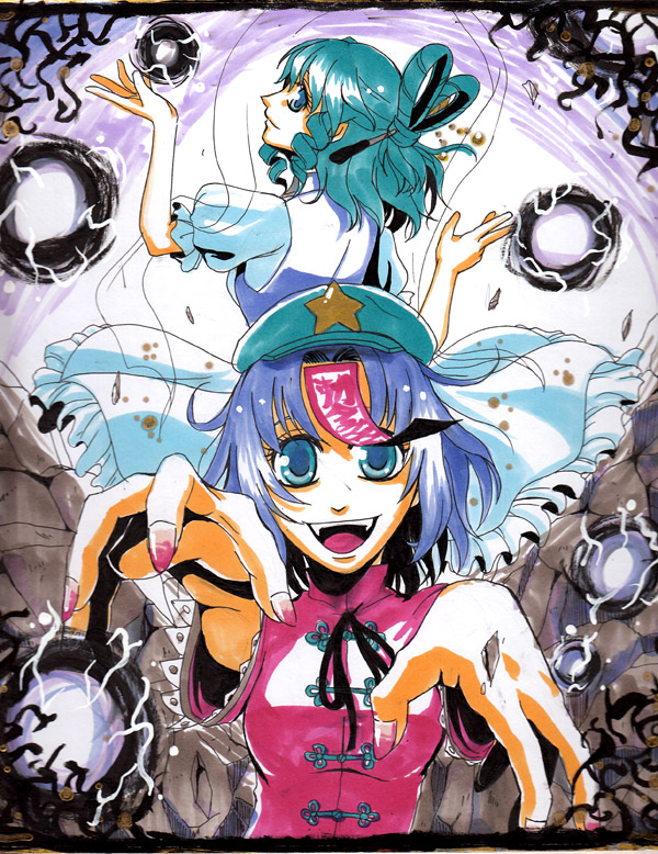 2girls blue_eyes blue_hair danmaku dress hair_ornament hair_rings hair_stick hat jiangshi kaku_seiga looking_at_viewer looking_back miyako_yoshika multiple_girls ofuda open_mouth outstretched_arms shawl short_hair skirt smile touhou traditional_media tsukishiro50 vest zombie_pose