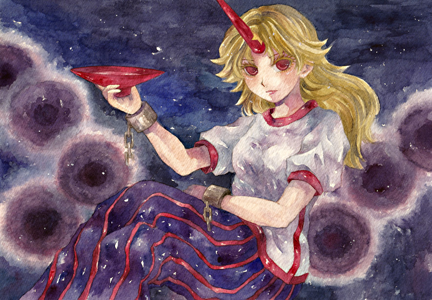 1girl blonde_hair horn hoshiguma_yuugi long_hair long_skirt mabiko red_eyes sakazuki shuckle skirt solo touhou traditional_media watercolor_(medium)