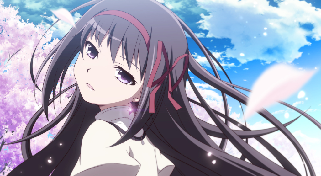1girl black_hair blue_sky bust cherry_blossoms clouds earrings hair_ribbon head_tilt izumi_bell jewelry looking_at_viewer mahou_shoujo_madoka_magica open_mouth petals ribbon sky solo tree violet_eyes
