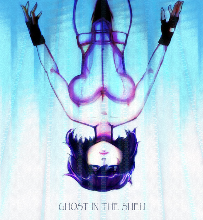 1girl bare_shoulders binary blue_hair breasts closed_eyes copyright_name fingerless_gloves ghost_in_the_shell ghost_in_the_shell_stand_alone_complex gloves kusanagi_motoko leotard lying najisa short_hair solo thighs upside-down