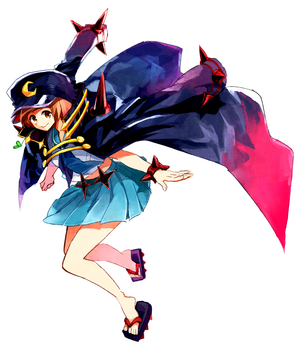 1girl banchou brown_eyes brown_hair coat_on_shoulders gamaruta hat kill_la_kill mankanshoku_mako sandals school_uniform serafuku skirt smile solo