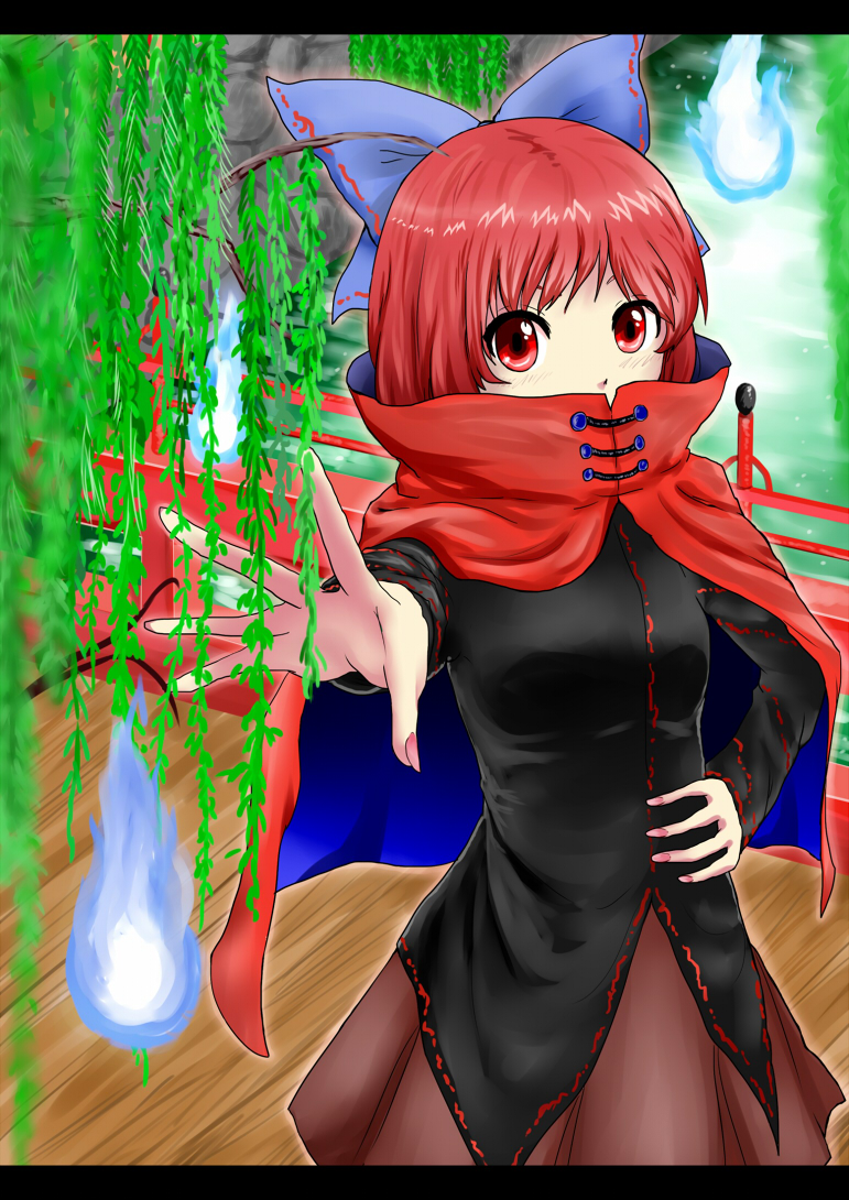 1girl bow cape divine_spirit dorry9 hair_bow hand_on_hip large_bow open_hand red_eyes redhead sekibanki short_hair touhou