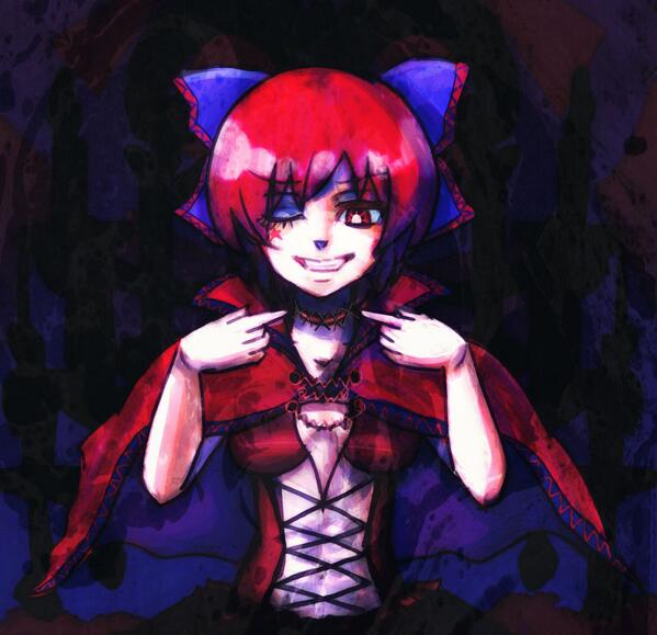1girl adapted_costume alternate_costume blue_bow bow breasts cleavage cloak cross-laced_clothes eyeshadow grin hair_bow headwear makeup midriff najisa navel neck_stitches pointing red_eyes red_shirt redhead sekibanki short_hair smile solo stitches tattoo touhou wink